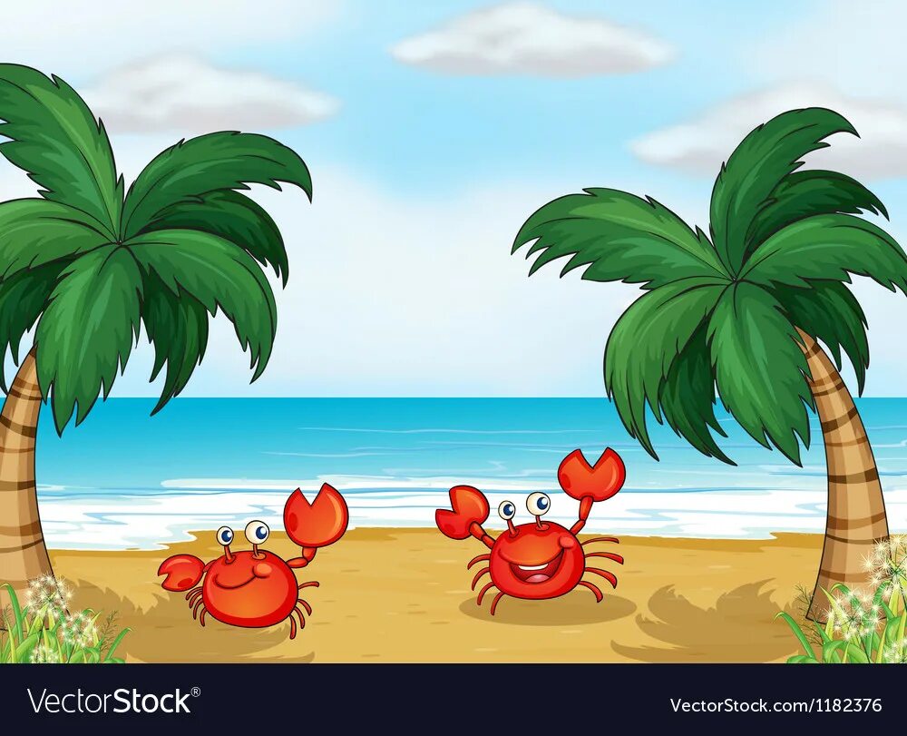 Краб под пальмой. Остров с пальмой и крабиком. Мультяшный остров с пальмами и радугой. Краб на пляже рисунок.