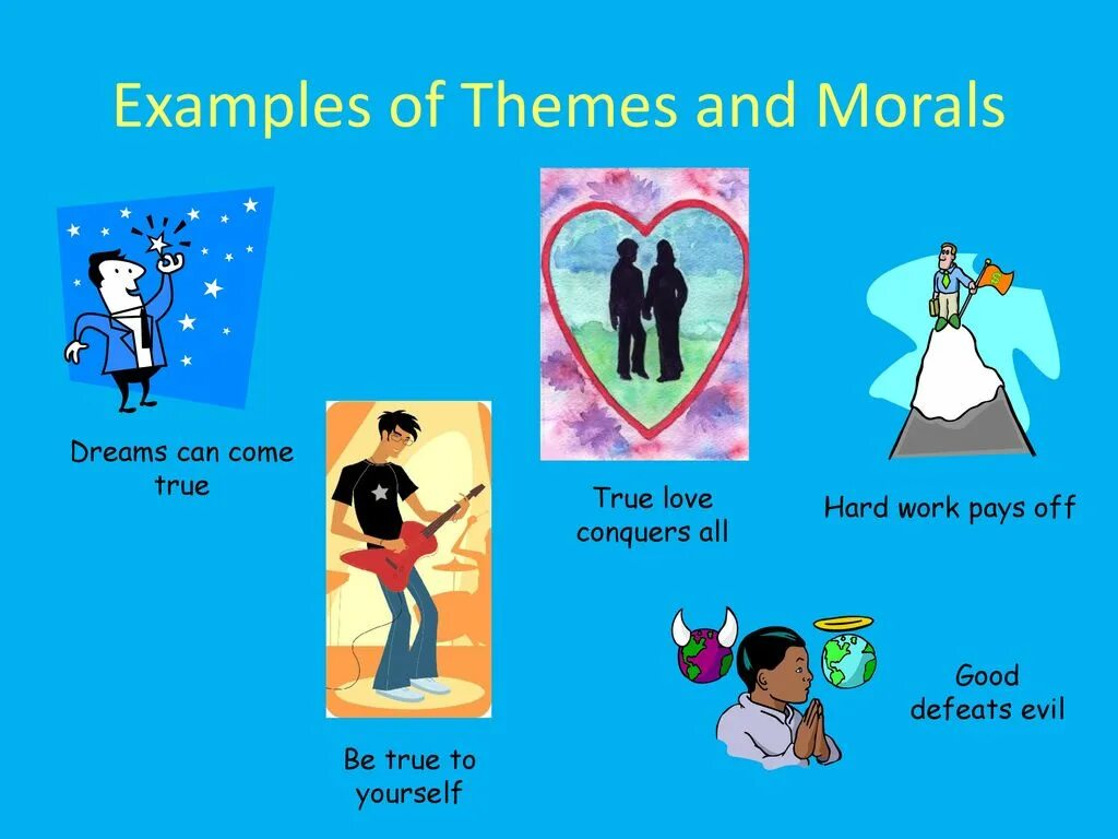 Theme Theme examples. Theme and Rheme in English. True Love presentation. 5 Story elements.