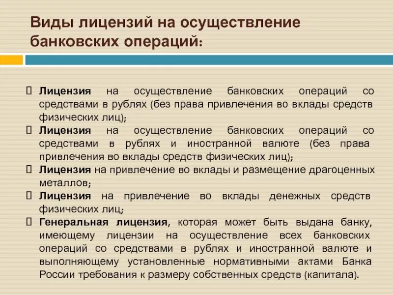 Виды лицензий на осуществление банковских операций. Воды банковских лицензий. • Лицензии на осуществлении операций • виды банковских операций. Виды лицензирования кредитных операций. Порядок осуществления банковских операций