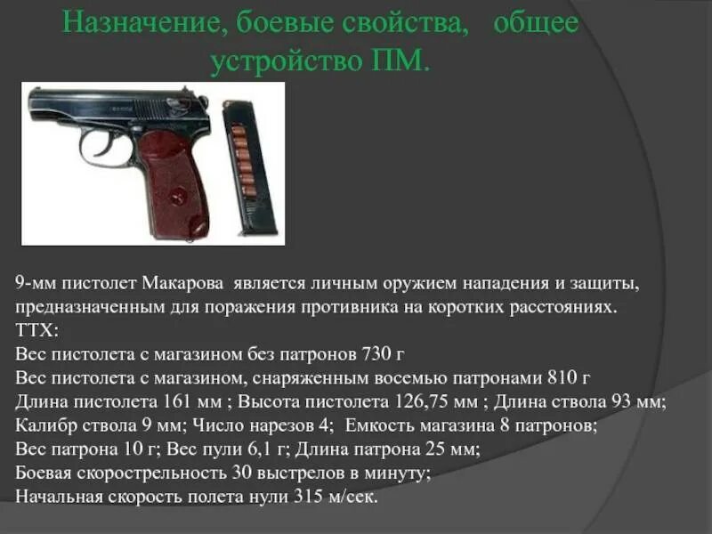 ТТХ ПМ-9мм. Устройство ПМ 9мм Макарова. Емкость магазина 9-мм пистолета Макарова.