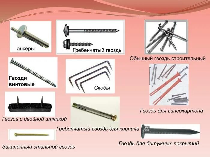 Сколько штук гвоздей в 1 кг. Виды строительных гвоздей. Типы гвоздей. Гребенчатый гвоздь. Гвозди тарные.