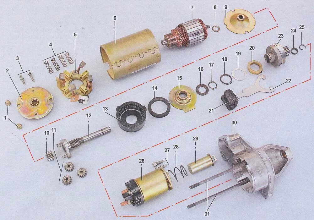Неисправности стартера ваз. Стартер ВАЗ 2107 В разборе. Редукторный стартер ВАЗ 2107 В разборе. Сборка редукторного стартера ВАЗ 2107. Крепление вилки стартера ВАЗ 2107.