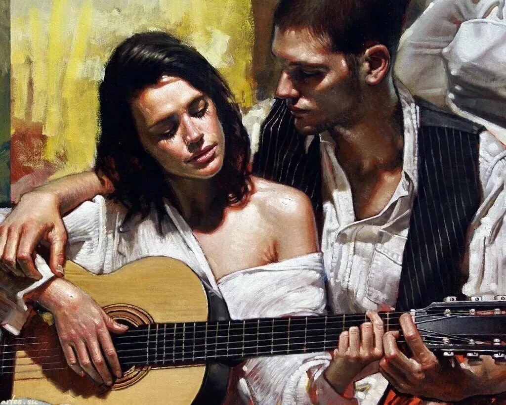 Песни о женщинах поют мужчины. Художник Diego Dayer. Diego Dayer картины. Аргентинский художник Diego Dayer. Парень с гитарой и девушка.
