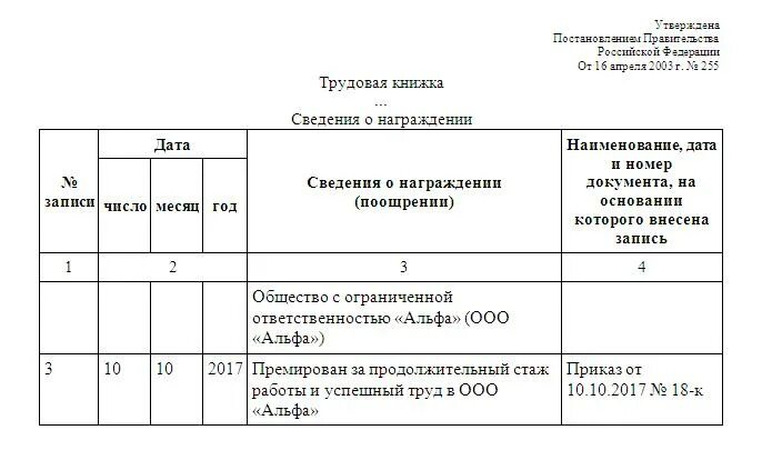 Пример заполнения трудовой книжки сведения о награждении. Заполнение сведений о награждении в трудовой книжке образец. Пример записи о награждении в трудовой книжке. Сведения о наградах в трудовой книжке.