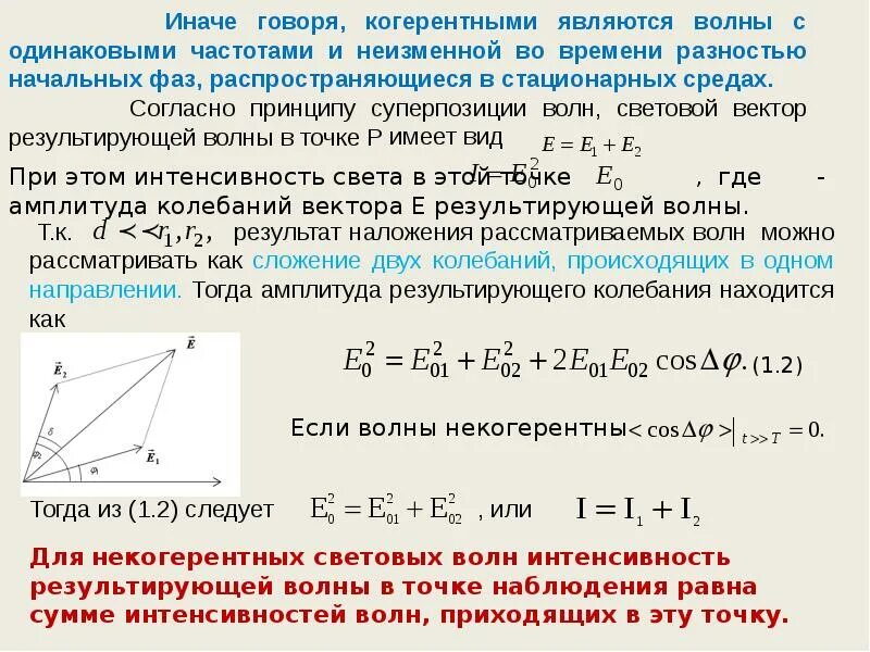 При каких условиях возможно усиление результирующих колебаний. Принцип суперпозиции волн. Наложение световых волн от некогерентных. Принцип суперпозиции световых волн. Суперпозиция электромагнитных волн.