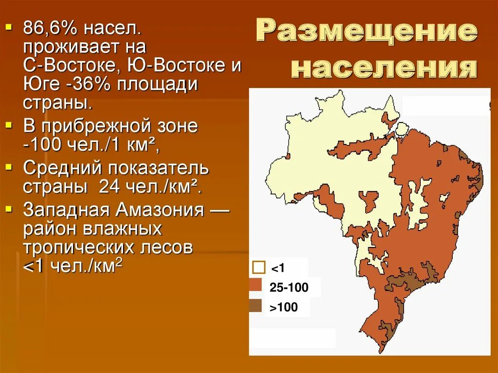 Плотность населения Бразилии карта. Плотность населения на 1 км2. Средняя плотность населения Бразилии чел/км2. Плотность населения Бразилии 7 класс география. Назовите основную черту в размещении населения