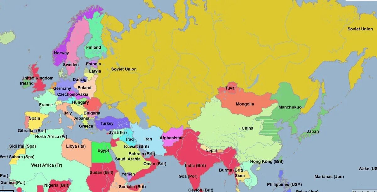 Карта Евразии 1936. Карта Евразии 1939 года. Политическая карта Азии 1936.