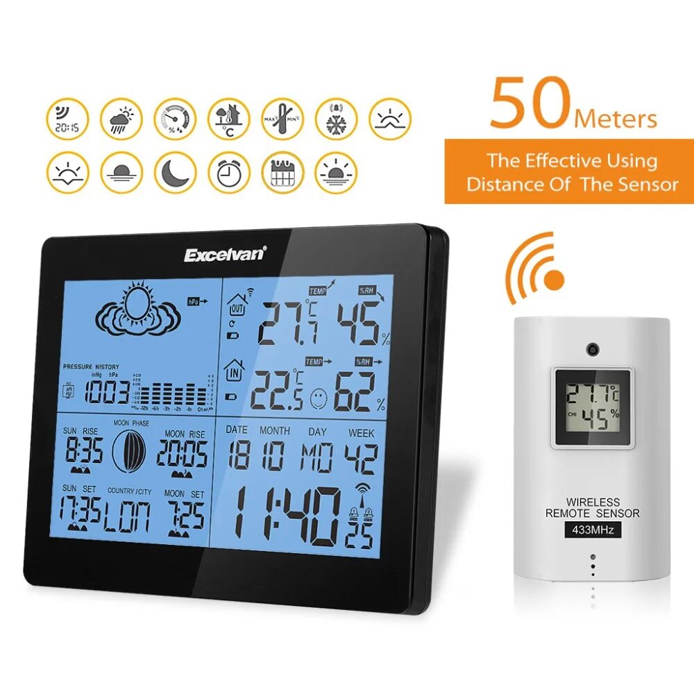 Барометр влажность температура. Настольные часы Excelvan weather Station. Excelvan метеостанция. Wireless sensor метеостанция. Excelvan термометр.