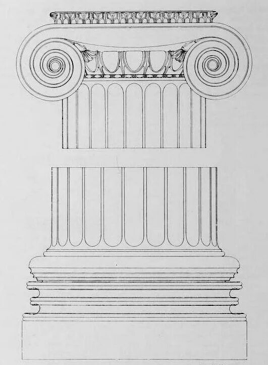 Ионический ордер храм Афины. Капитель Ионического ордера. Капитель Ионического ордера построение. Колонна Ионического ордера чертеж.
