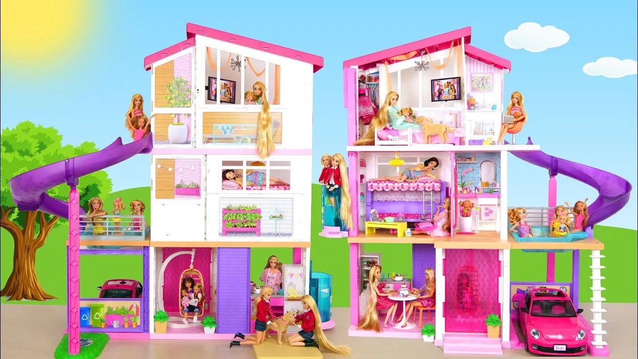 Домик для кукол Барби Дрим Хаус. Barbie Dreamhouse Adventures игрушки. Домик для Барби двухэтажный с лестницами. Кукольный дом Барби с телевизором.