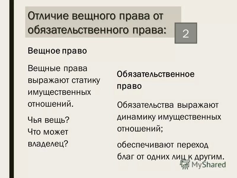 Г включает вещные и обязательственные правоотношения. Вещное право и Обязательственное право. Вещные и обязательственные правоотношения различия. Отличие вещных правоотношений от обязательственных.