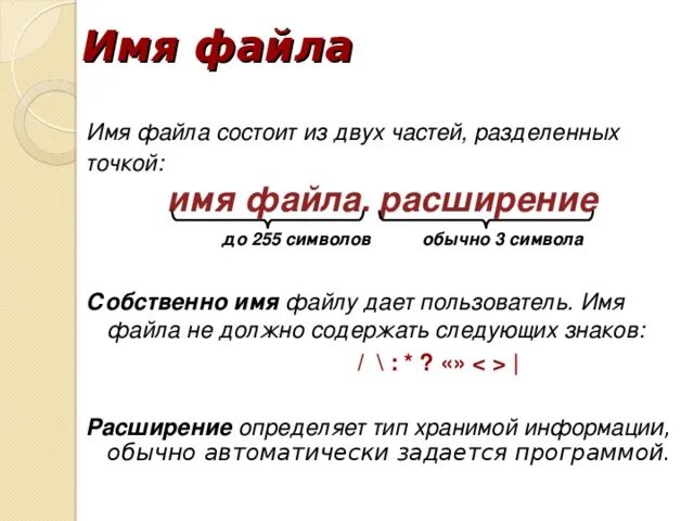 Название файла состоит. Имя файла состоит из двух частей. Расширение имени файла. Собственное имя файла. Имя файла состоит из 3 частей.