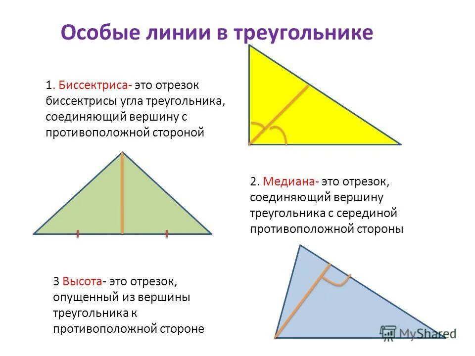 Где находится середина треугольника. Линии в треугольнике Медиана биссектриса высота. Название линий в треугольнике. Основные линии треугольника. Медиана биссектриса и высота треугольника.