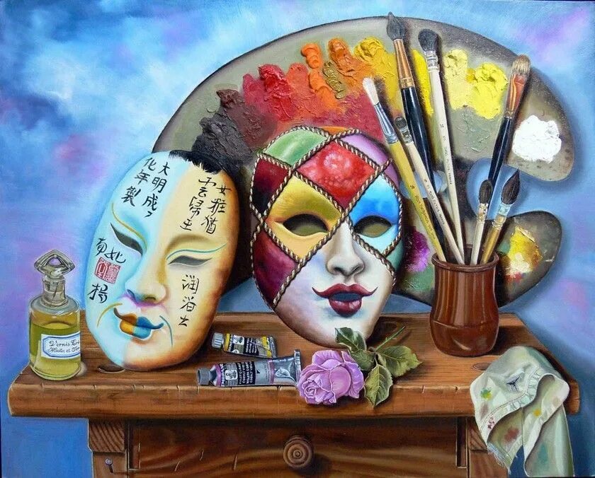 Театральная маска живопись. Театральные маски гуашью. Натюрморт с венецианской маской. Венецианские маски живопись.