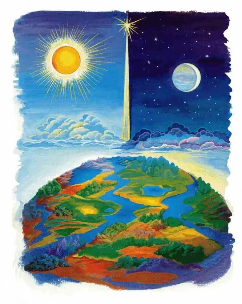 Четвертый день творения. Мир рисунок для детей. Солнце и земля день и ночь. Книга волкова земля и небо