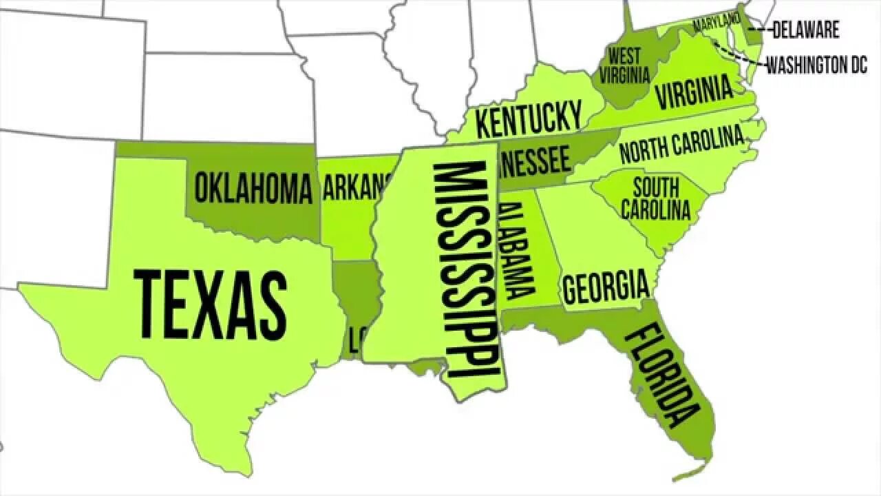 The South Region of the USA. South State in USA. USA Regions Map.