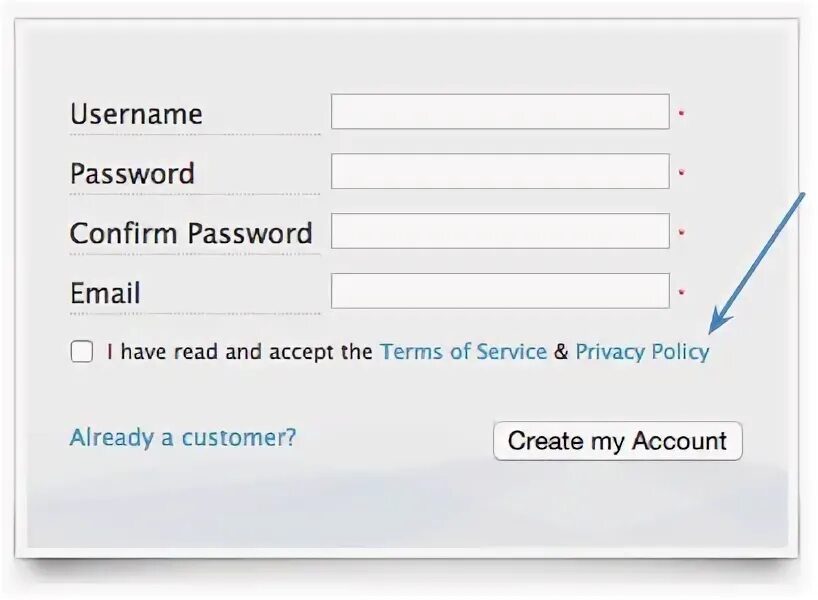 Terms of service and privacy policy. Privacy policy checkbox. checkbox example.