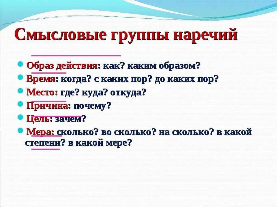 Наречия образа действия. Смысловые группы наречий. Смысловые группы наречий таблица. Смысловые разряды наречий. Смысловые группы предложений