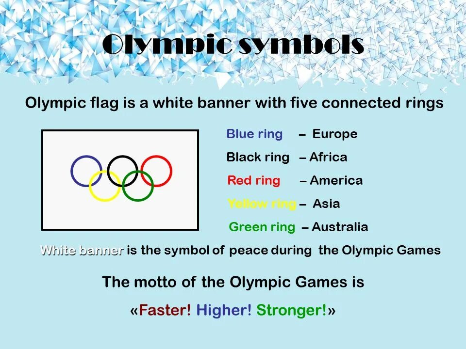 Олимпийские игры на английском языке. Символы Олимпийских игр на английском. Олимпийский символ на английском. Английские рассказы на Олимпиаду. 8 игр по английски