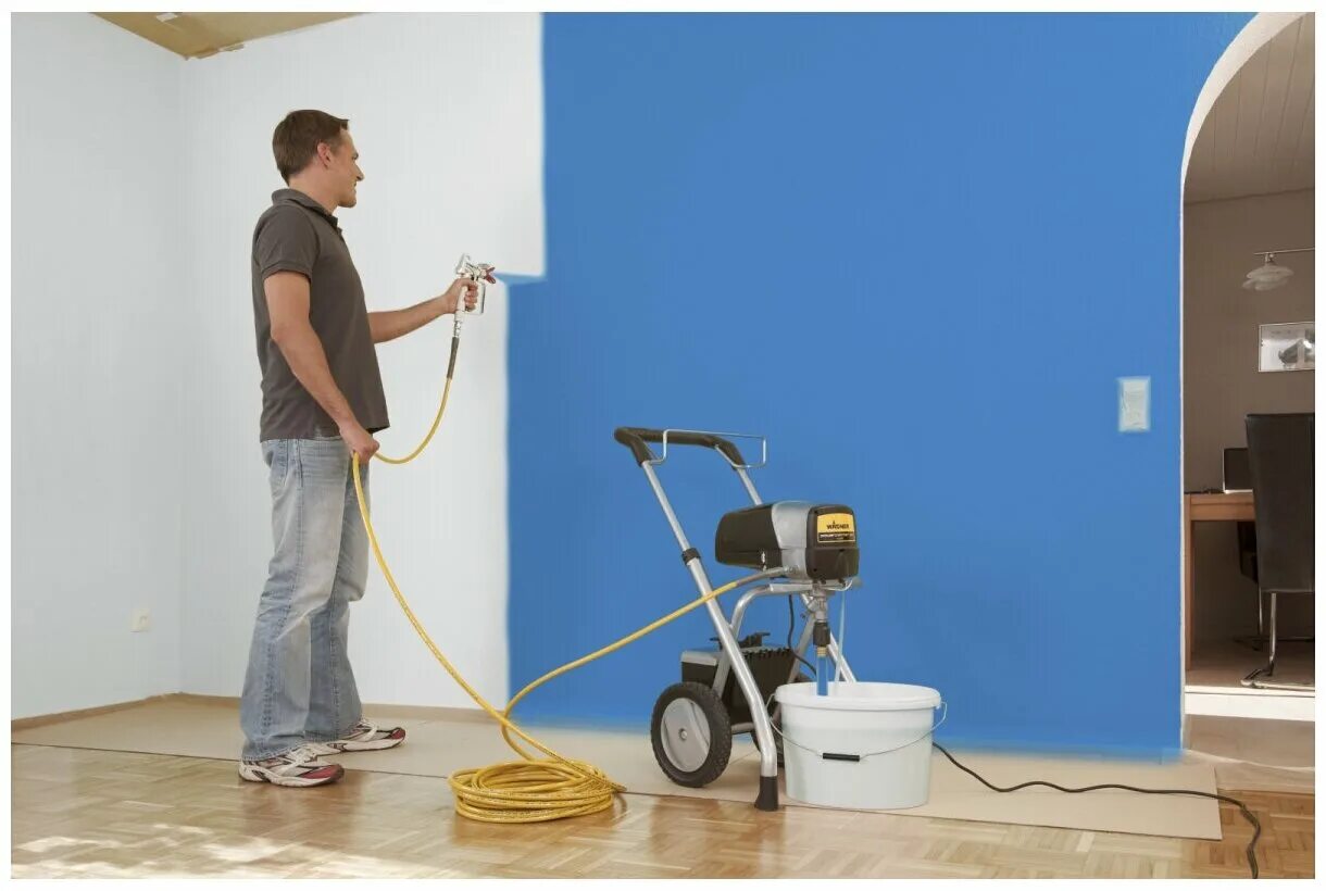 маляр с краскопультом. аппарат окрасочный вагнер power painter 90. механизированная безвоздушная шпаклевка. покраска стен безвоздушным аппаратом. покраска стен безвоздушным аппаратом.