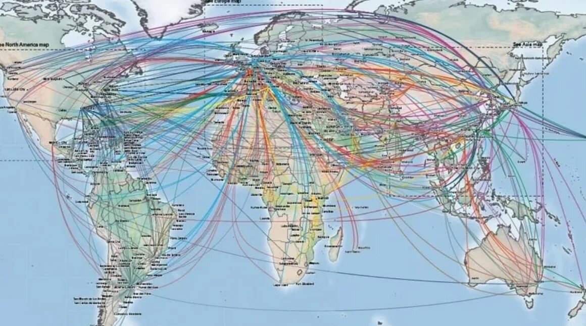 Сообщение между странами. Карта полетов самолетов в мире. Воздушный коридор. Воздушные пути самолетов.