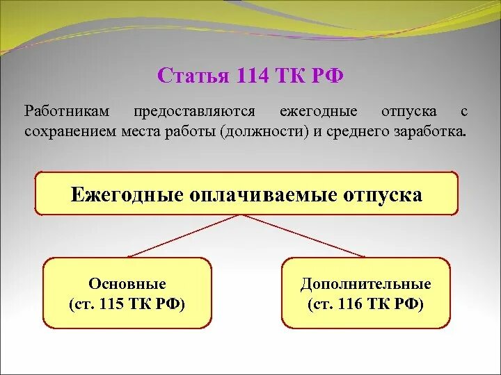 Статья тк ежегодный отпуск. 114 Статья ТК. Ст 114 ТК РФ. Ст 114 ТК РФ ежегодные оплачиваемые отпуска. Ст 114 115 трудового кодекса.