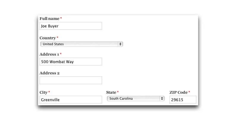 Address fields. Address name. Country City State address. Address line 2. Address address 2.