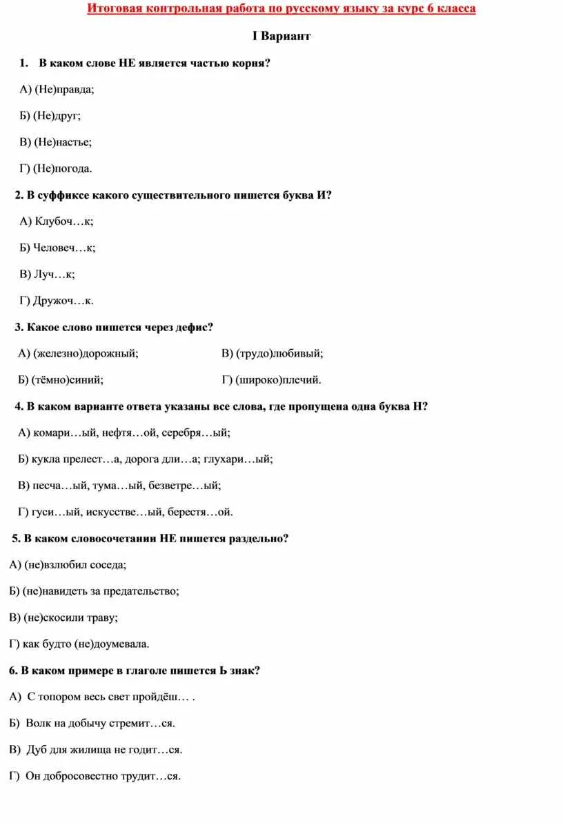Проверочная работа по русскому языку вариант 6