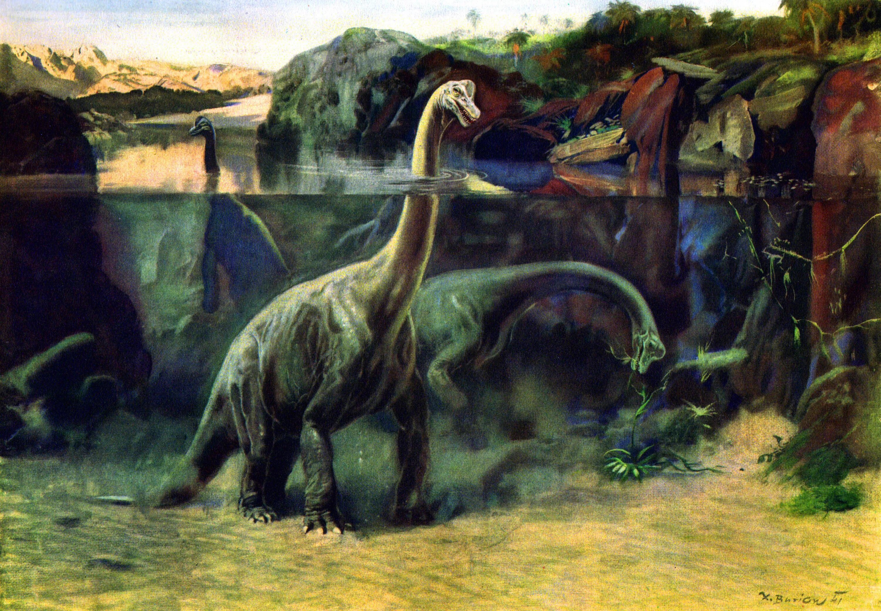 Динозавр живущий в воде. Зденек Буриан Брахиозавры. Палеохудожник Зденек Буриан. Буриан Гадрозавр. Зденек Буриан динозавры.