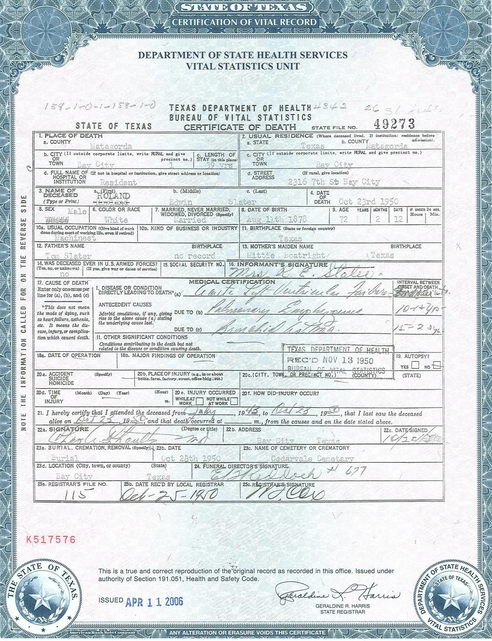 Death Certificate USA. Birth Certificate Texas. Death Certificate Cube.