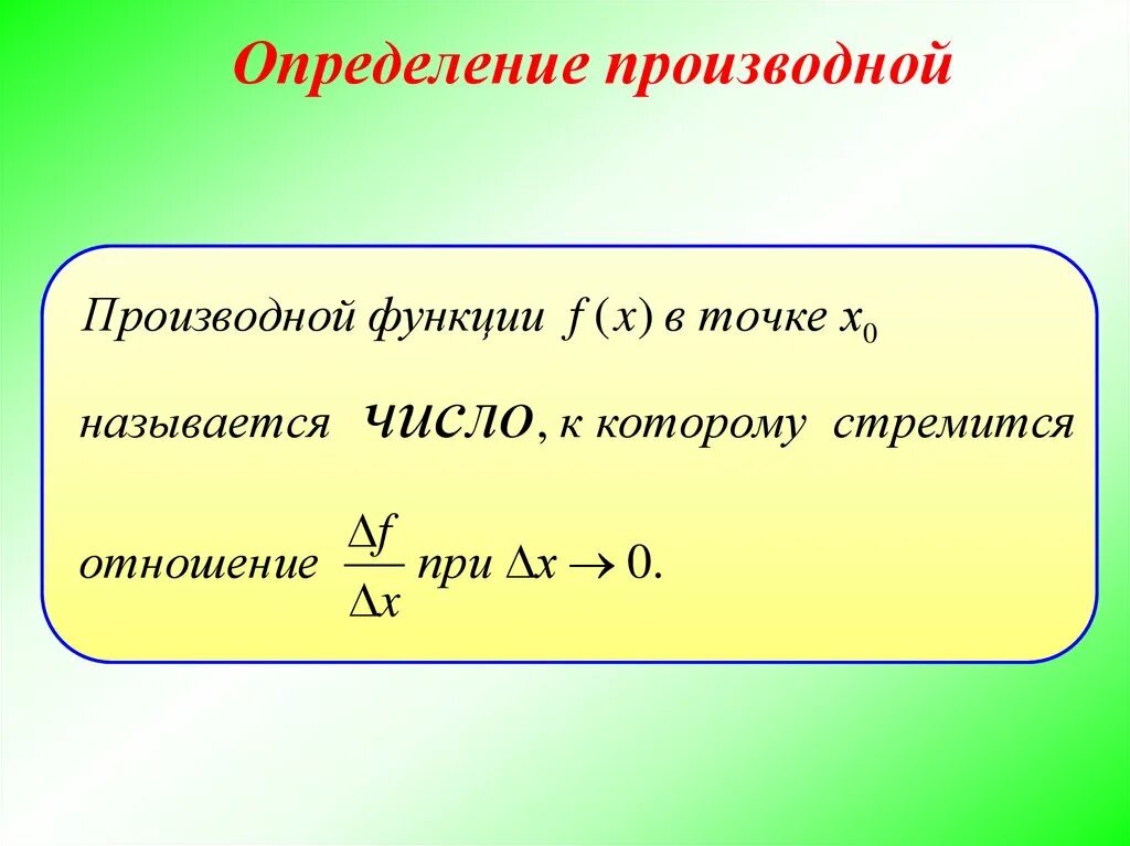 Производная презентация 10 класс мордкович. Определение производной формула. Формула, выражающая определение производной функции. Понятие производной функции в точке. Производная функции определение.