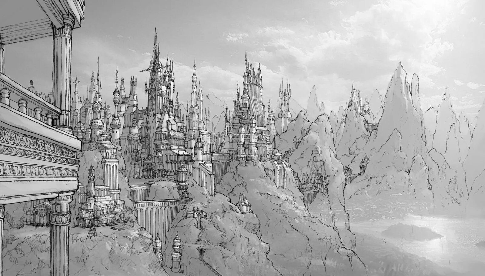 Фантастический пейзаж в графике. Черно белая фантастика. Графический пейзаж. Черно-белые иллюстрации к книгам. Город на луне.