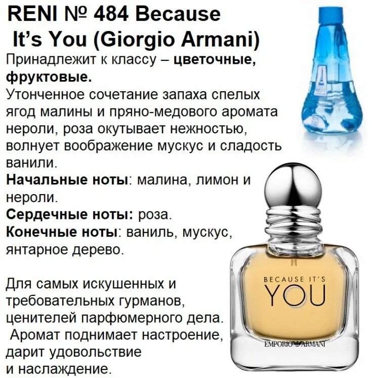 Духи на разлив номера и названия. Because it's you (Giorgio Armani) 100мл 484 Рени. Рени 484 аромат. Наливные духи Рени 484. Аромат духов Джорджио Армани #484 от Рени.