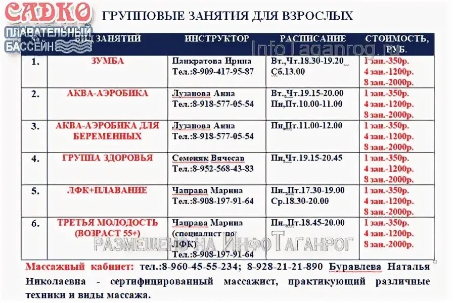 Павловский посад городок расписание. Садко Таганрог бассейн расписание. Бассейн Садко Таганрог.