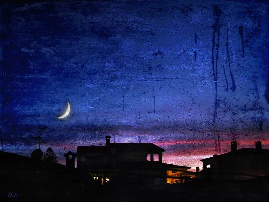 Луна над крышей дома. Ночь живопись. Луна над домами. Луна над городом. Ночные картины.