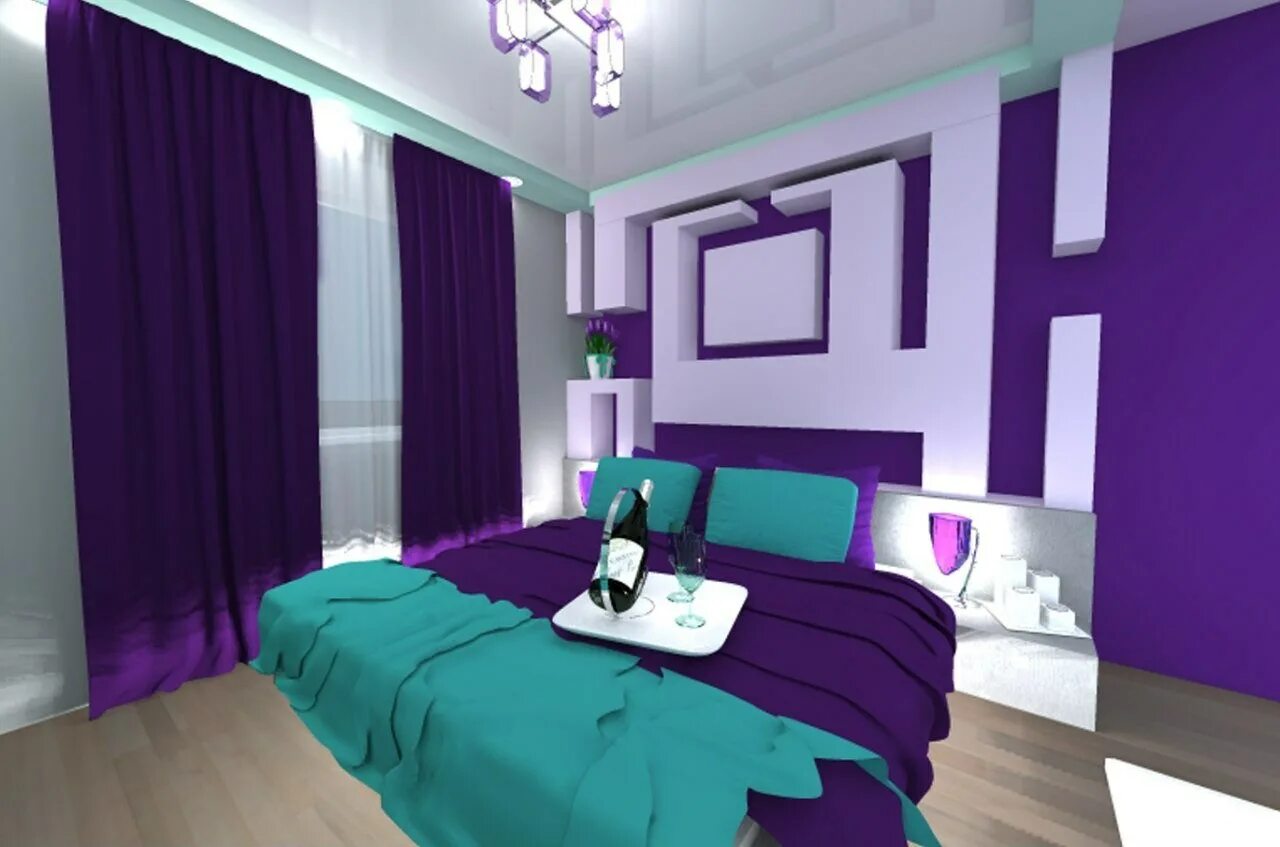 Фиолетовая комбинация. Фиолетовый интерьер спальни. Интерьер комнаты в фиолетовом цвете. Комната в фиолетовом цвете. Спальня в зелено фиолетовых тонах.
