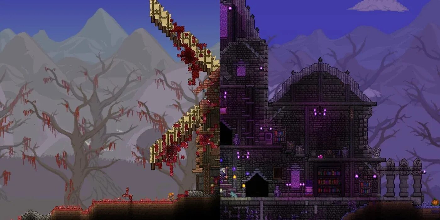 Starlight terraria. Terraria Кримзон. Биом Кримзон в террарии. Террария дом в КРИМЗОНЕ. Гробовщик террария 1.4.