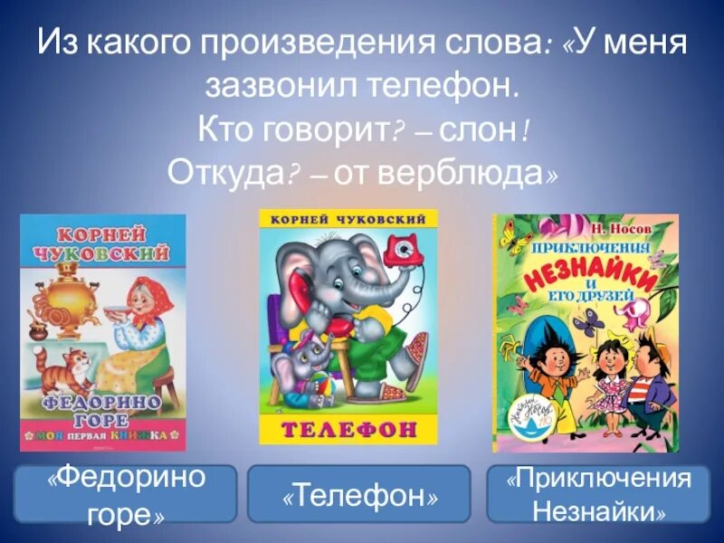 Произведение слово. Кто говорит слон откуда. У меня зазвонил телефон. Слова по произведениям.