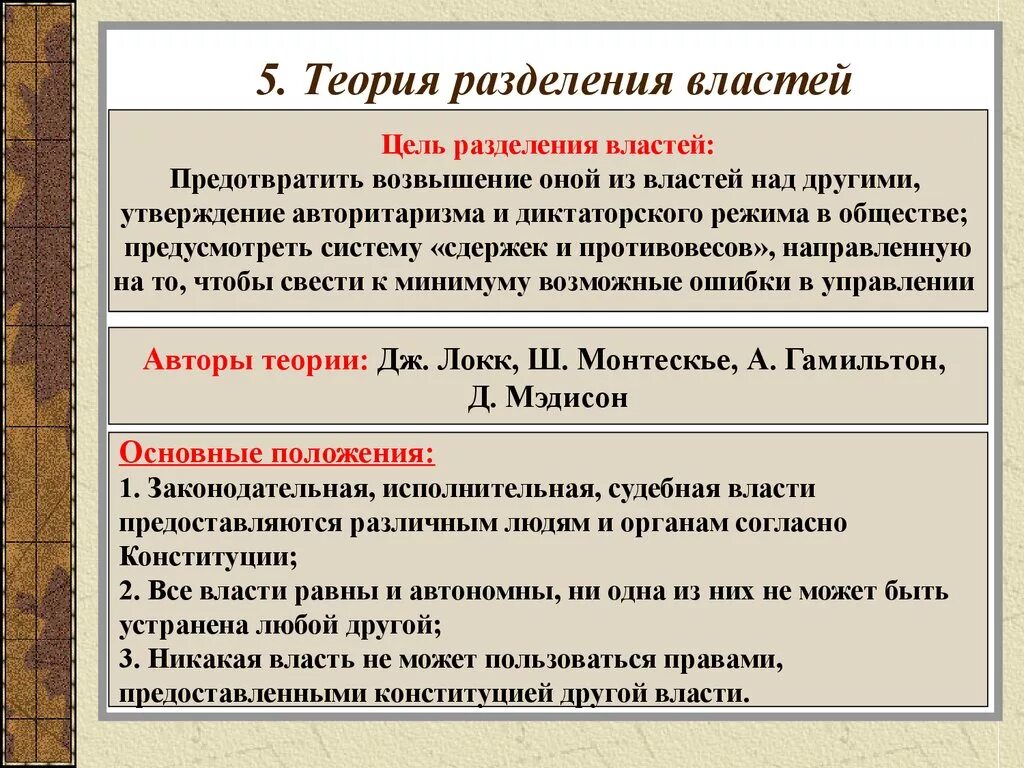 Цель теории разделения властей. Задачи теории разделения властей. Теория о разделении властей 3 ветви. Теория разделения Влсте.