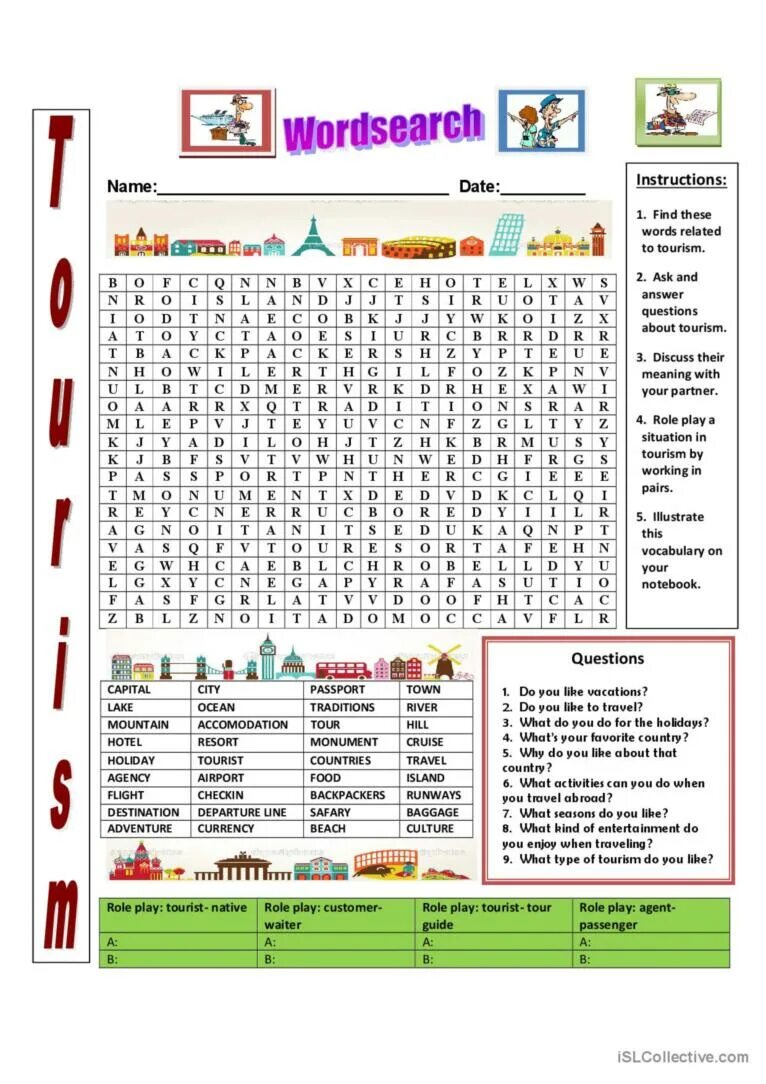 Tourism Wordsearch. Travelling Wordsearch. Travel Vocabulary Wordsearch. Word search Intermediate.