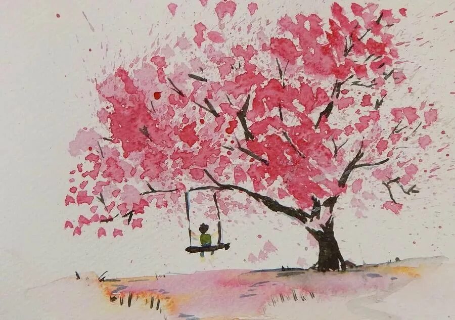 Сакура рисунок. Рисование дерева Сакуры. Сакура акварелью. Цветущик дерево красками.