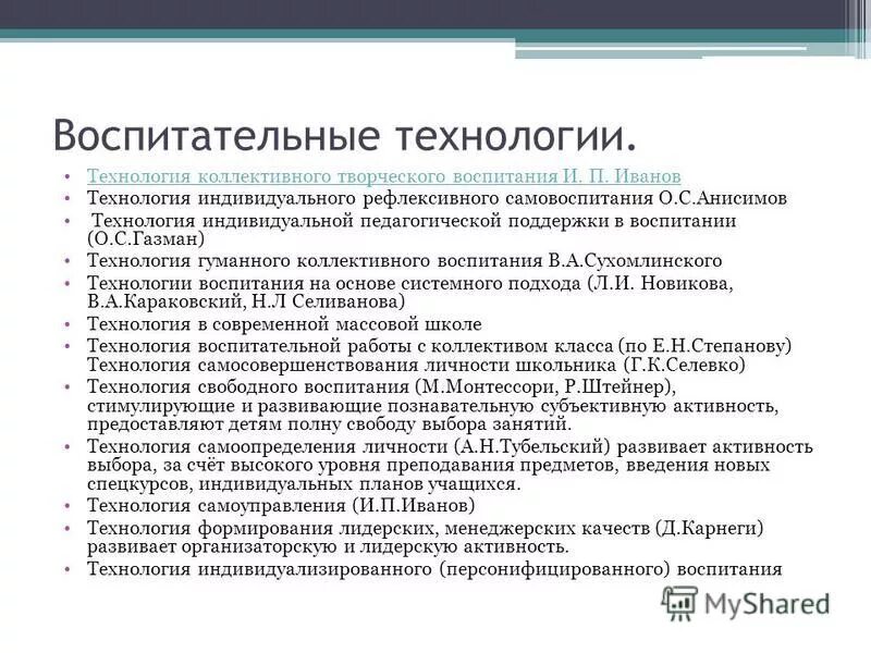 а. технология индивидуального рефлексивного воспитания. технологии воспитания классифицируют. технология индивидуального воспитания. технология индивидуального рефлексивного самовоспитания.