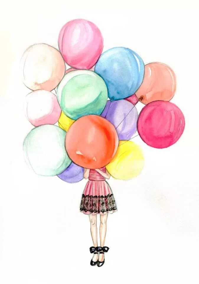 С днем рождения девочка с шарами. Воздушный шарик рисунок. Девушка с воздушными шарами. Воздушные шары акварель. Нарисованная девочка с шариками.