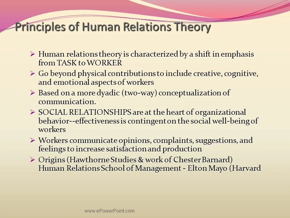 Human relations Theory. Human relations Movement. Main characteristics of the Human relations Movement. Management Theory: School of Human relations. Main characteristics