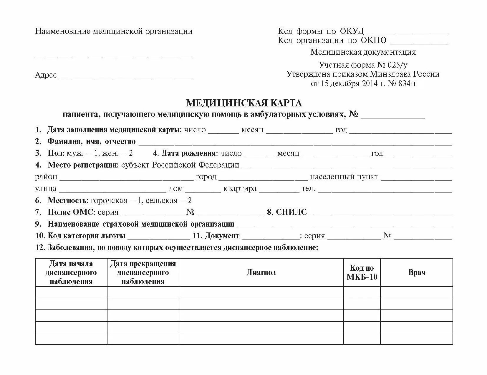 Составить медицинскую карту