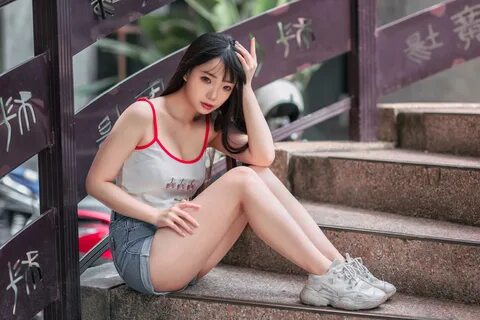 Asian Model Women Long Hair Dark Hair Stairs Railings Sneakers Short Tops N...