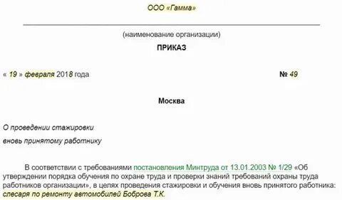 Приказ об утверждении программы стажировки