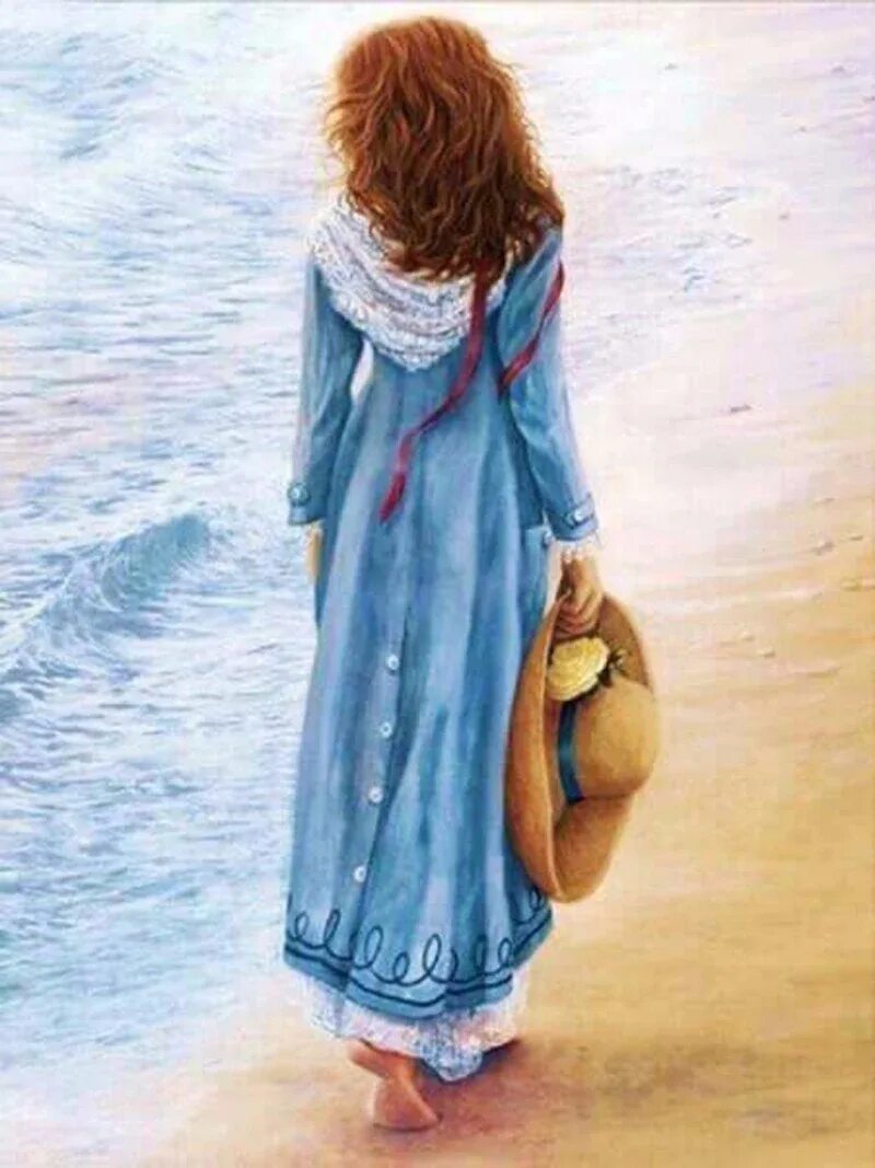 Песня я усталой путницей бреду. Девушка у моря картина. Платье художницы. Картина девушка у моря со спины. Девочка на море.