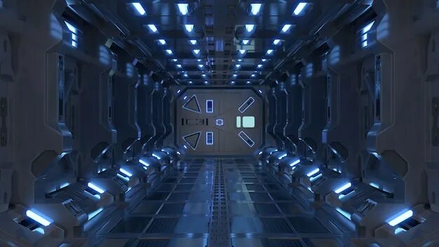 Sci Fi коридоры синие. Шестигранные фантастические интерьеры. Синий звездолет. Белый коридор с закрытыми дверями на космическом корабле. Sci fi перевод