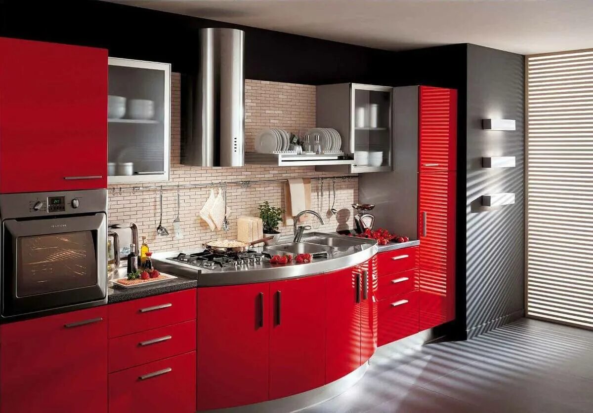 Красные кухни. Красивые кухонные гарнитуры. Красный кухонный гарнитур. Красная кухня в интерьере.